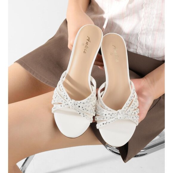 White Suede Heels for Women's Strappy Low Kitten Heels Open Toe Dress Sandals - Picture 4 of 7